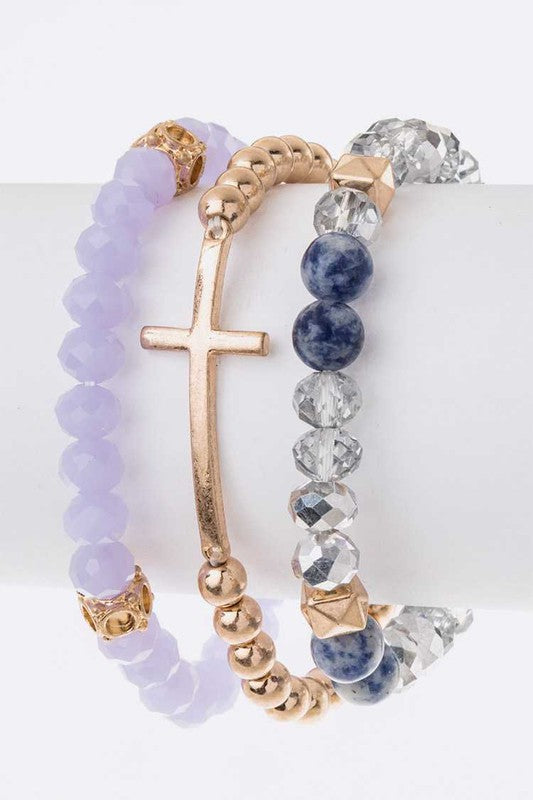 Cross Charm Layered Stretch Bracelet Set