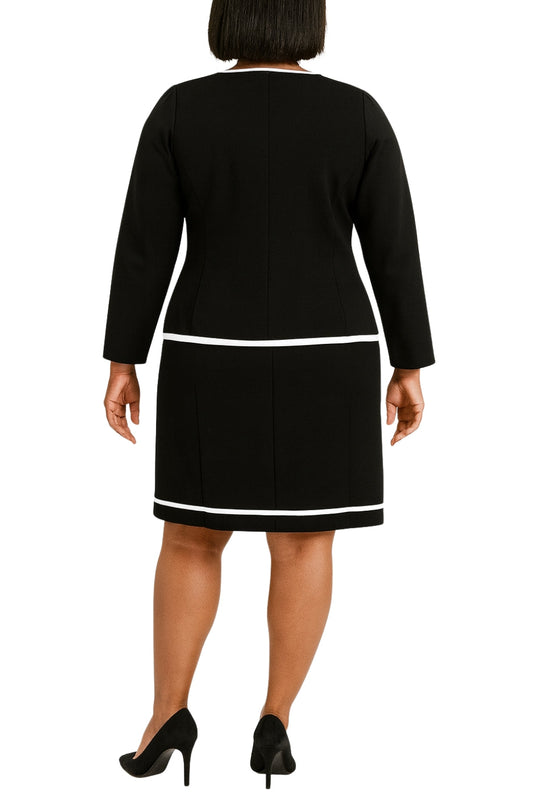 Danillo Black Crew Neckline Sleeveless Sheath Dress with Matching Open-Front Patch Pockets Jacket Suit Skirt (Plus Size)
