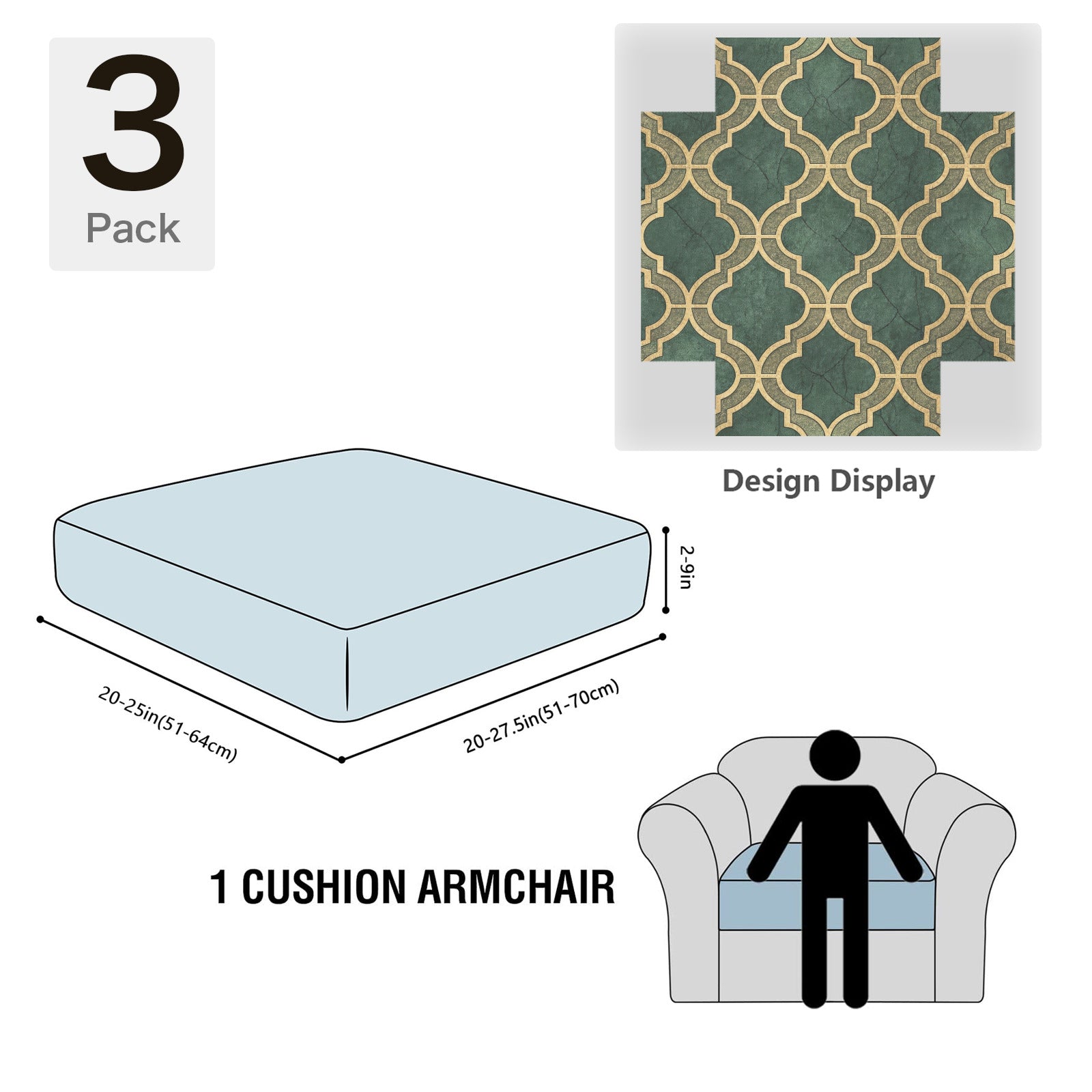 Christmas Green with Gold Trim Sofa Cushion Slip Covers (Pack of 3)