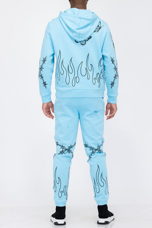 Men's Flame Fire Chenille Hoodie Sweat Set