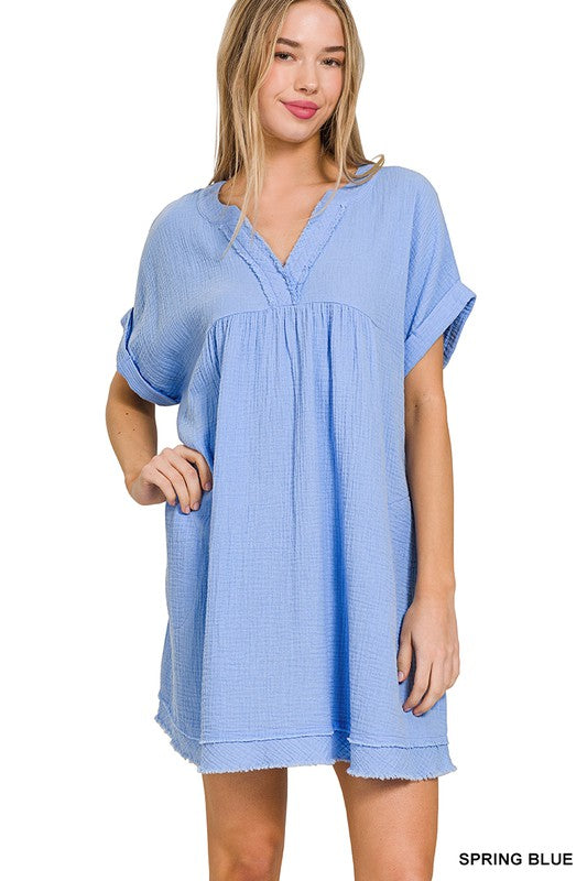 Gauze Rolled Short Sleeve Raw Edge V-Neck Dress