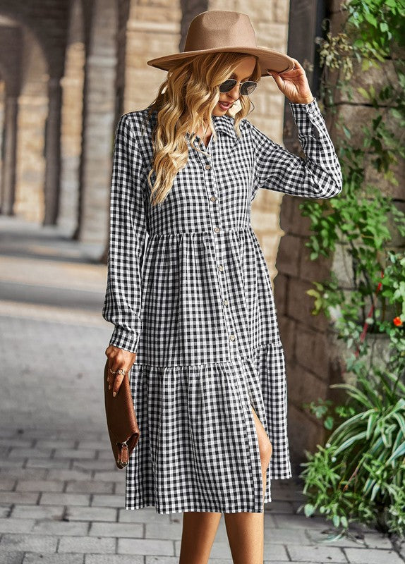 Gingham Long Sleeve Tiered Midi dress