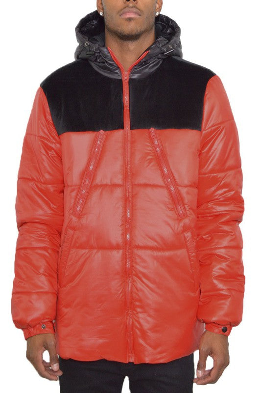 Men's Padded Buffle Puffer Jacket with Hood and Zipper