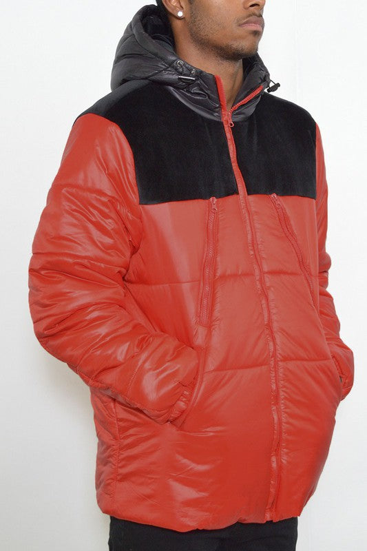 Men's Padded Buffle Puffer Jacket with Hood and Zipper