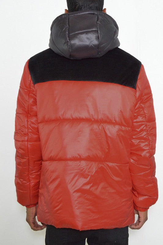 Men's Padded Buffle Puffer Jacket with Hood and Zipper