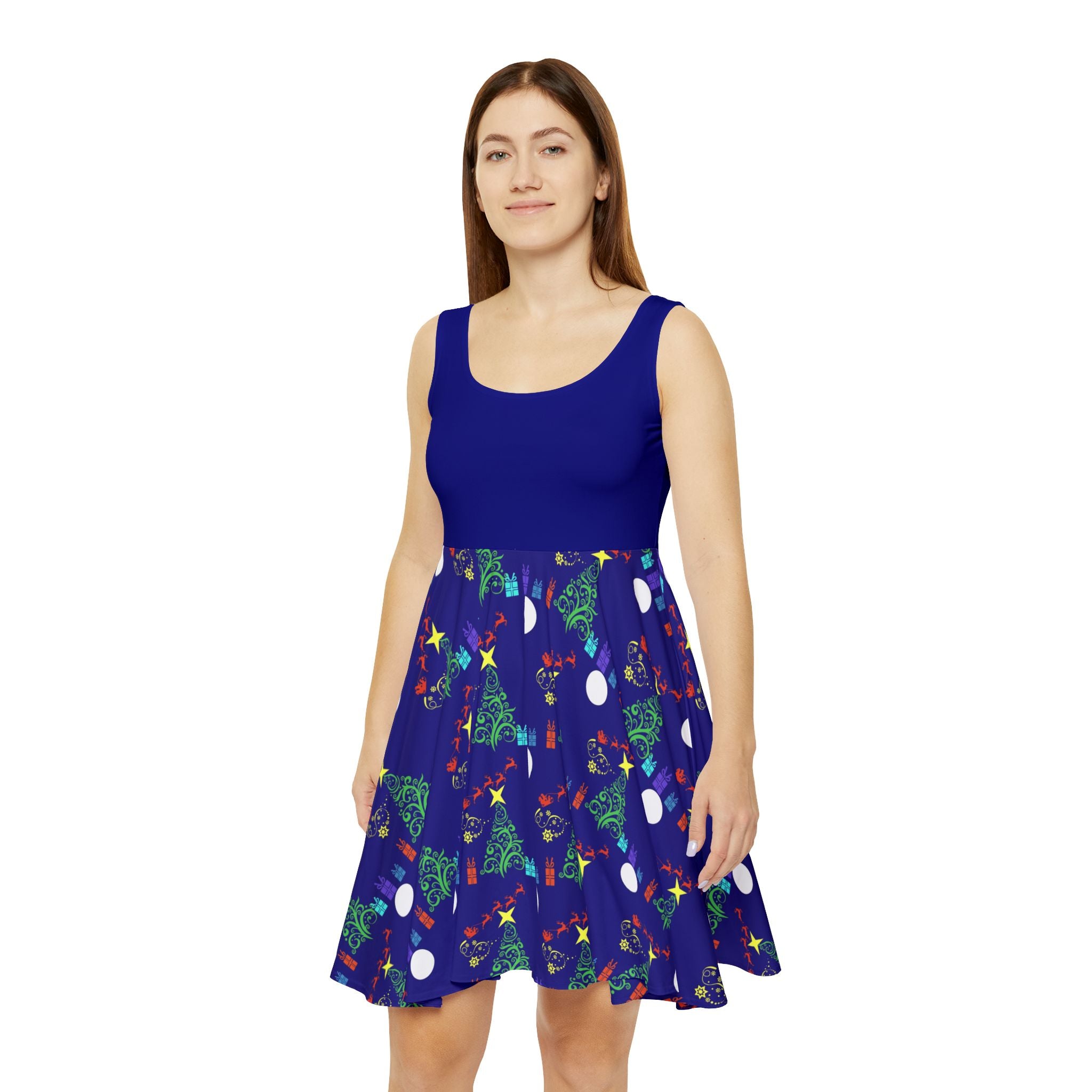 Women's Blue Christmas Santa Printed Skater Dress