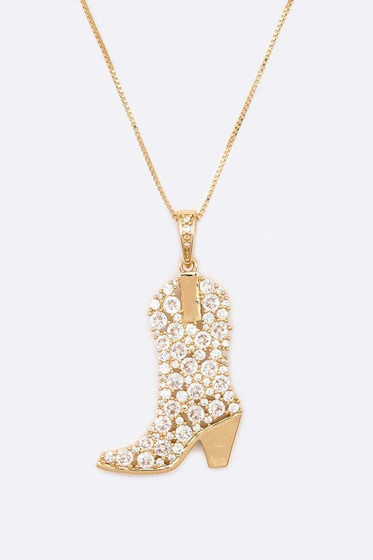 Cowboy Boot Cubic Zirconia Pendant Necklace