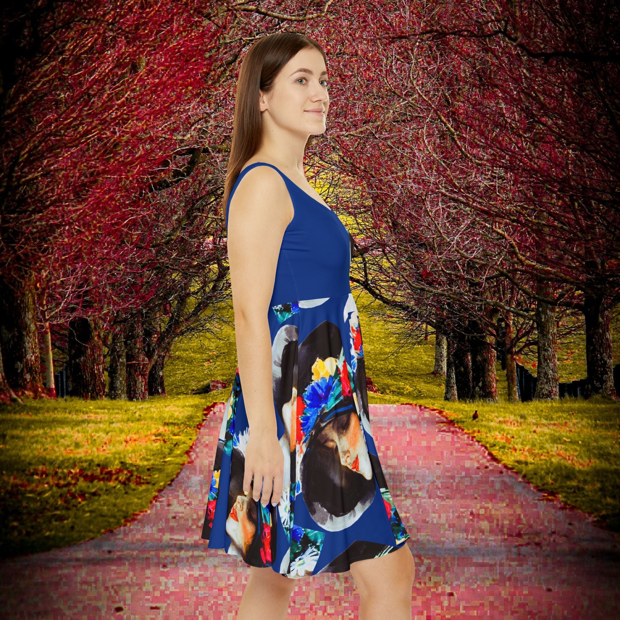 Dark Blue Vintage Floral Skater Dress