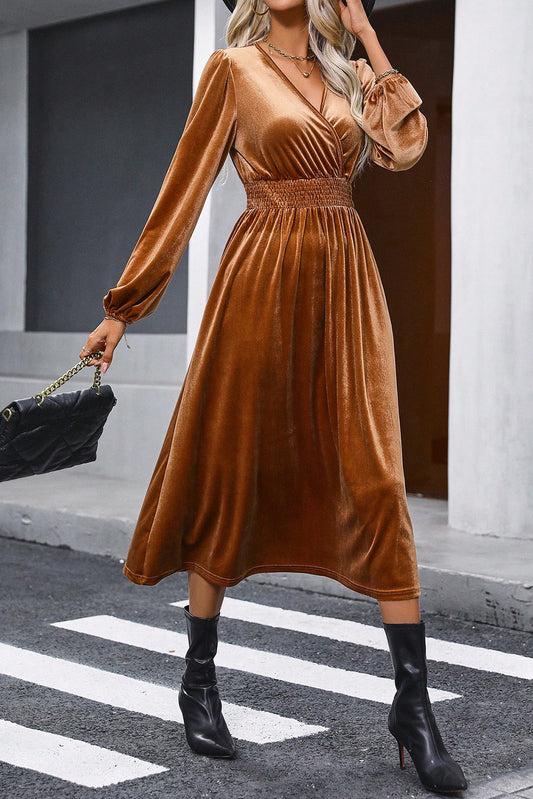 Camel V-neck Smocked High Waist Velvet Midi Dress