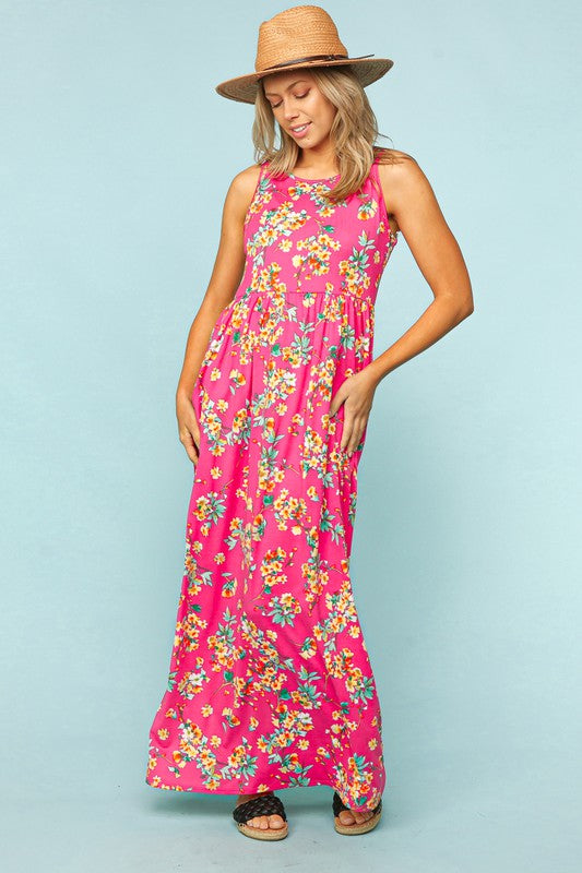 Women's Fushcia Floral Print Maxi Dress with Pockets