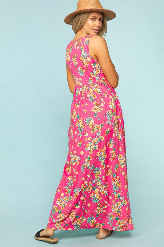 Women's Fushcia Floral Print Maxi Dress with Pockets