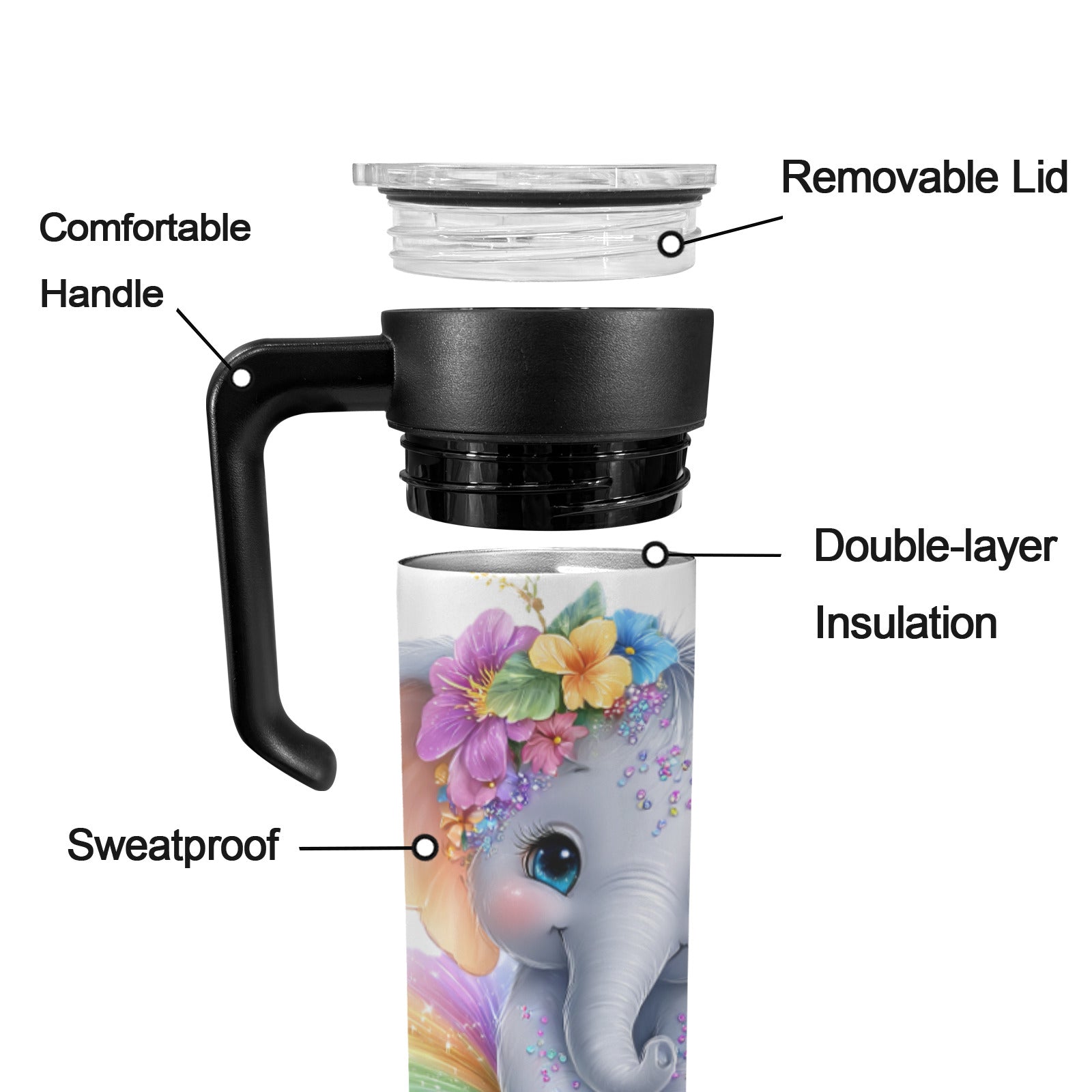 Baby Elephant 600ml Insulated Water Bottle with Screw On Handle