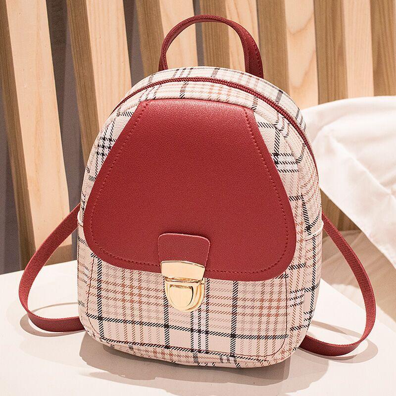 Women's Check Lock Small Backpack One Shoulder Diagonal Handbag Coin Purse