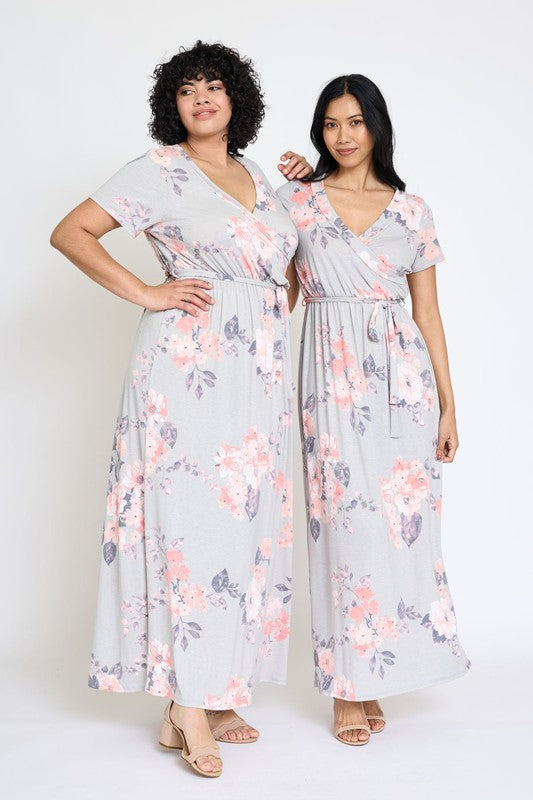 Plus Floral Surplice Bodice Sash Maxi Dress