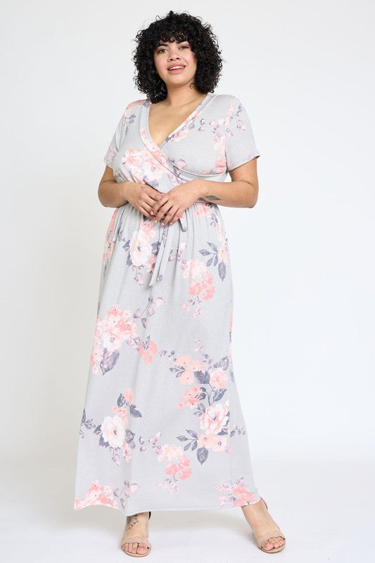 Plus Floral Surplice Bodice Sash Maxi Dress