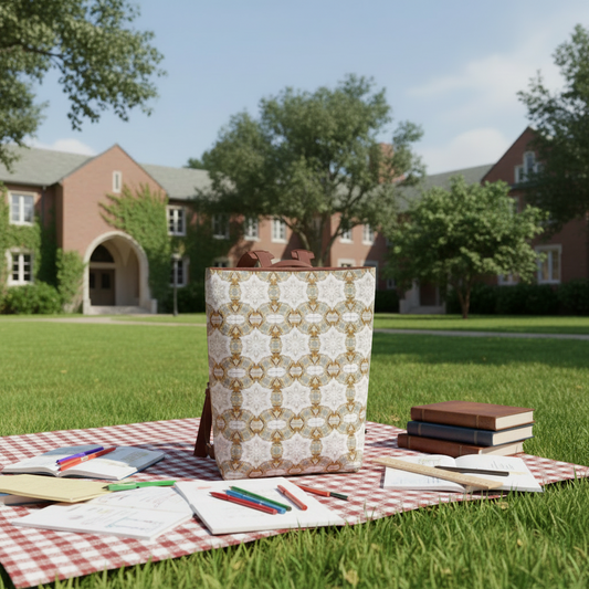 A patterned tote bag with brown leather handles sits on a red-and-white checkered picnic blanket on a green lawn, with a blurred brick campus building and trees in the background.