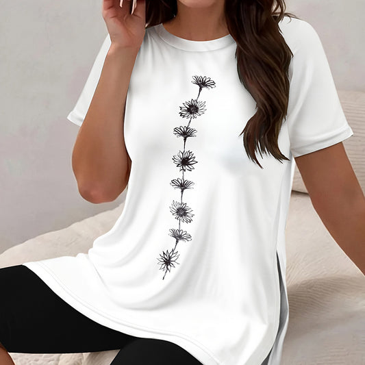 Women's 2-Piece Floral Side Slit Top And Stretch Shorts Outfit Set