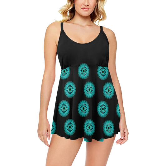Green Spirals on Black Chest Pleat Swim Dress up to 5XL