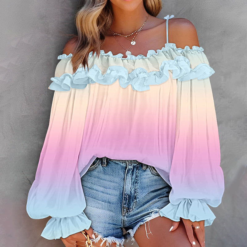 Women's Pastel Gradient Summer Off Shoulder Ruffle Long Sleeve Blouse