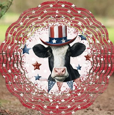 Patriotic USA America Cow Garden Wind Spinner