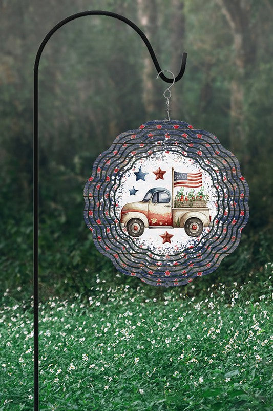 Patriotic Old Truck with US Flag Garden Decor Wind Spinner
