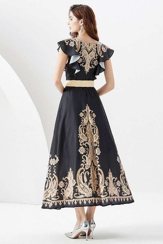 Women's Circle Skirt Design Maxi Dress with Belt