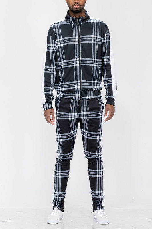 Men's Plaid Checkered Full Zip 2-piece Track Set