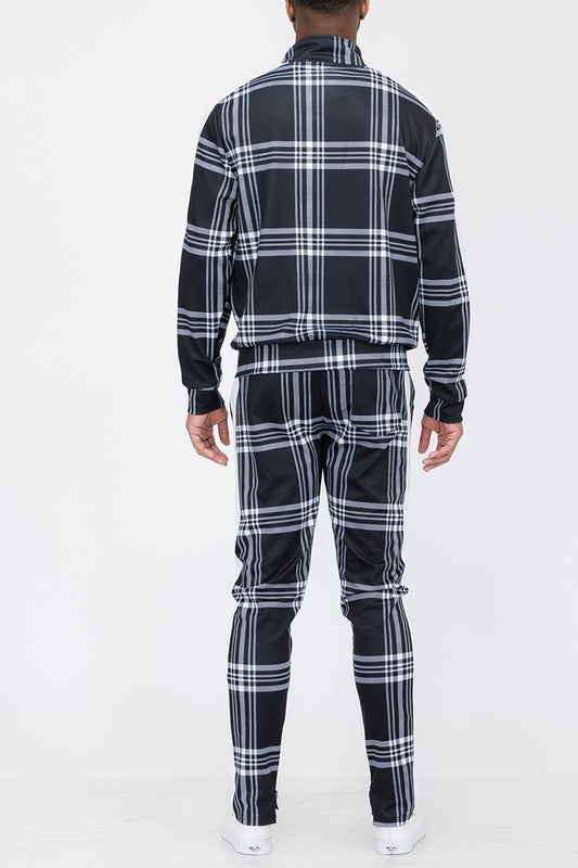 Men's Plaid Checkered Full Zip 2-piece Track Set