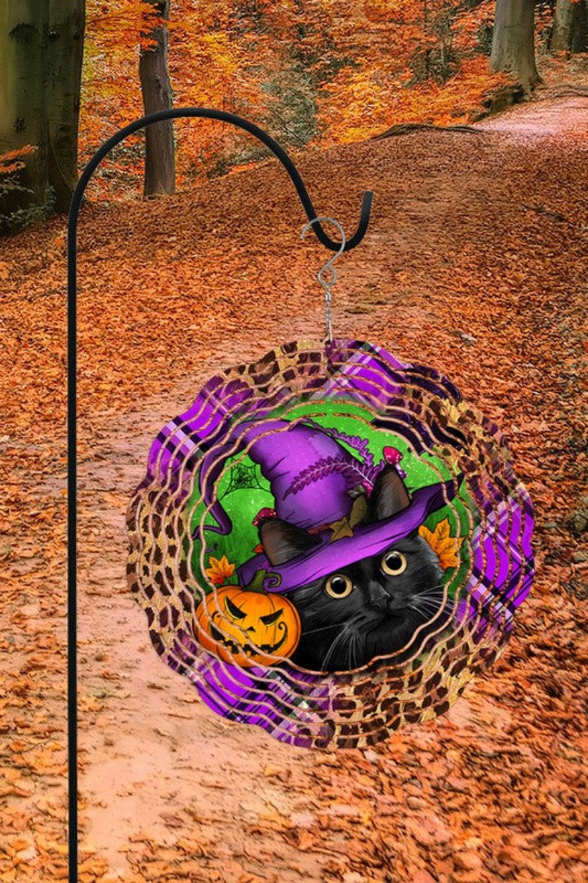 Halloween Black Cat Purple Hat with Pumpkin Wind Spinner