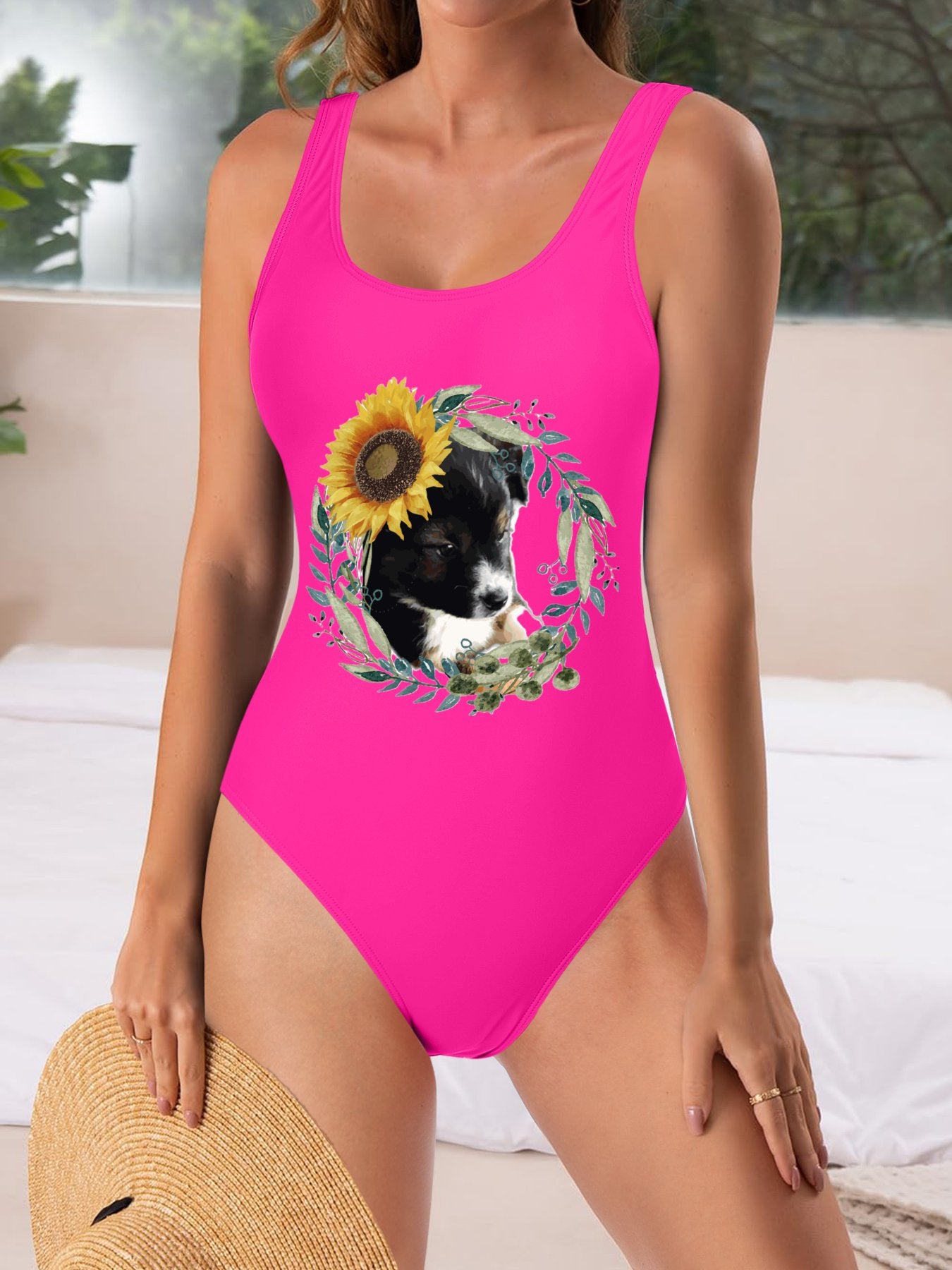 Cute Black Puppy One-Piece Swimsuit for Women (Front Printing)
