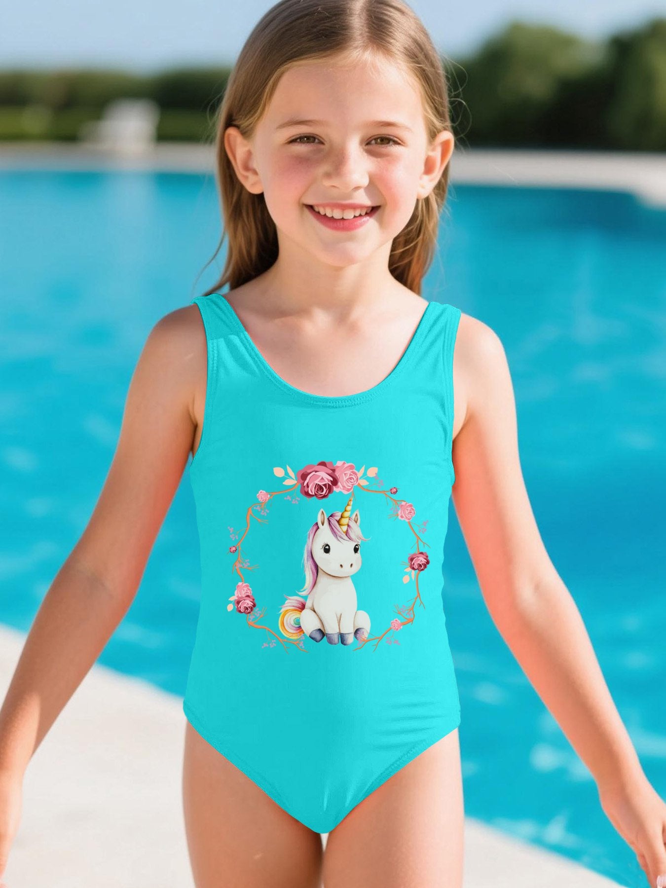 Baby Unicorn with Pink Roses Girls' Summer One-Piece Swimsuit (Front Printing)