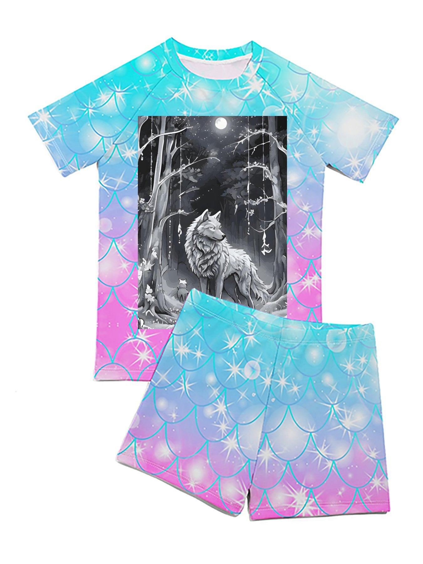 Ethereal Wolf in the Moonlight Short Sleeve 2-piece Swimsuit for Children (Front Printing)