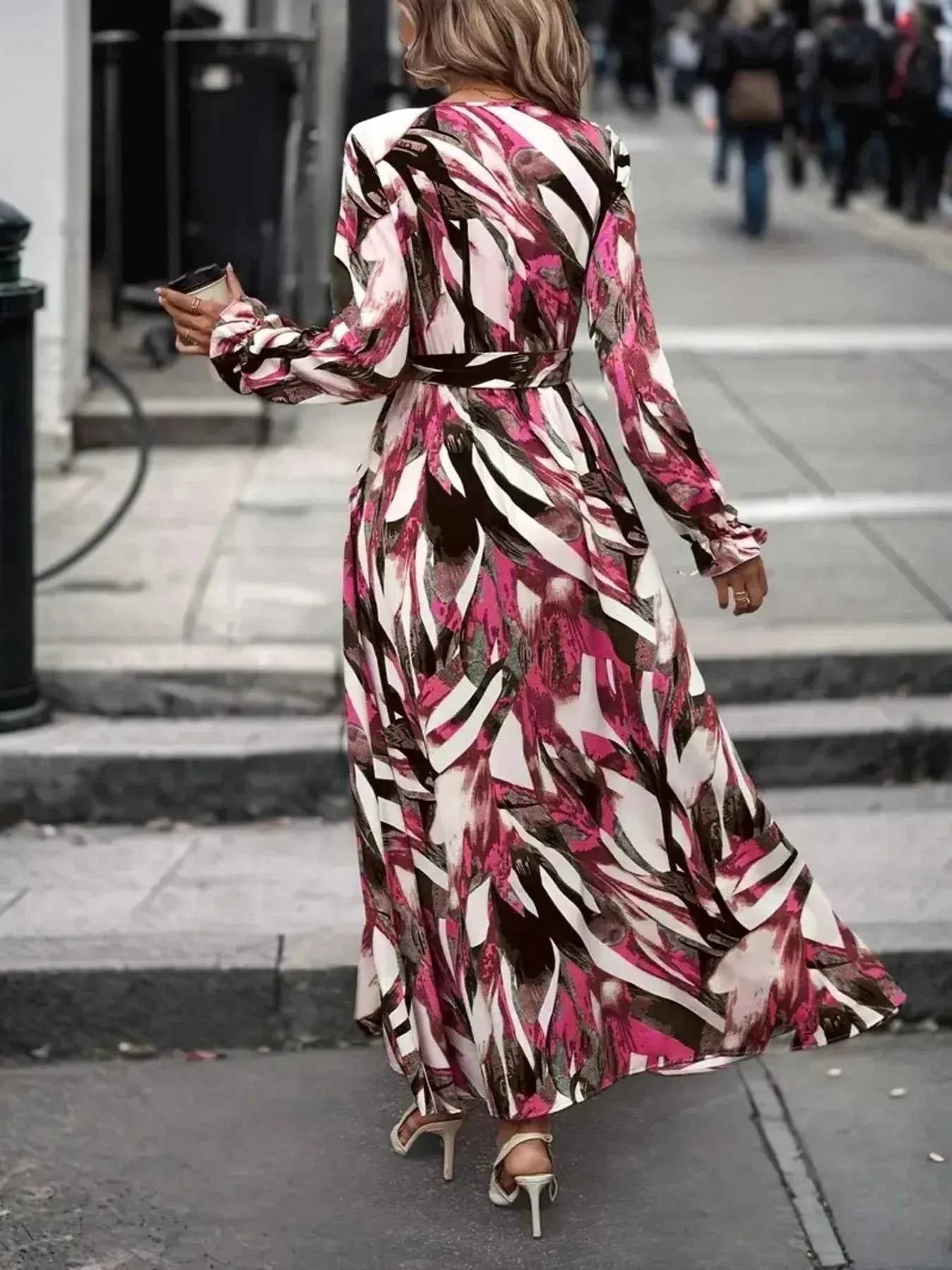 Printed Surplice Belted Flounce Long Sleeve Maxi Dress