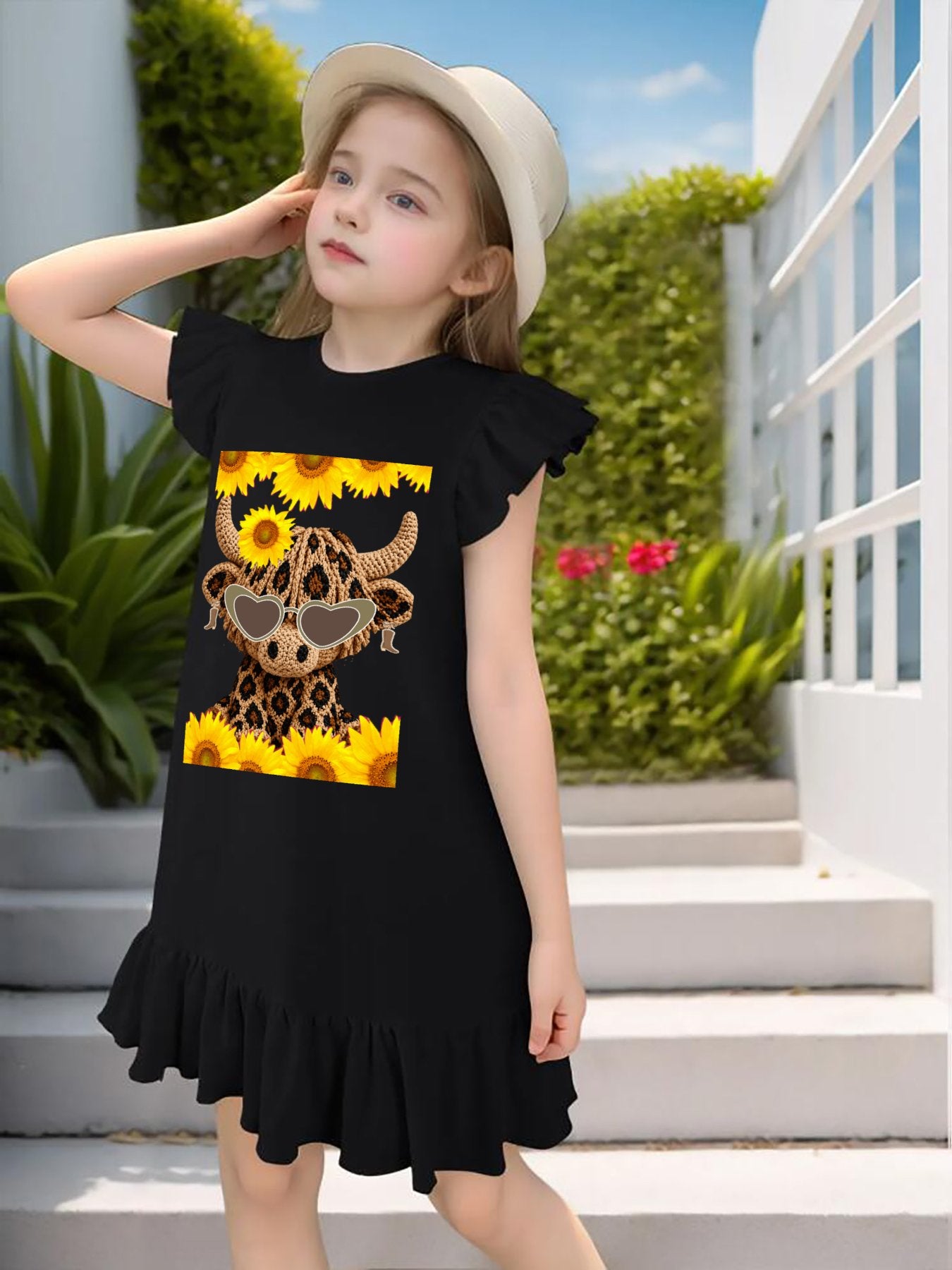 Yarn Highland Calf with Sunglasses Flutter Sleeve Dress for Girls (Front Printing)