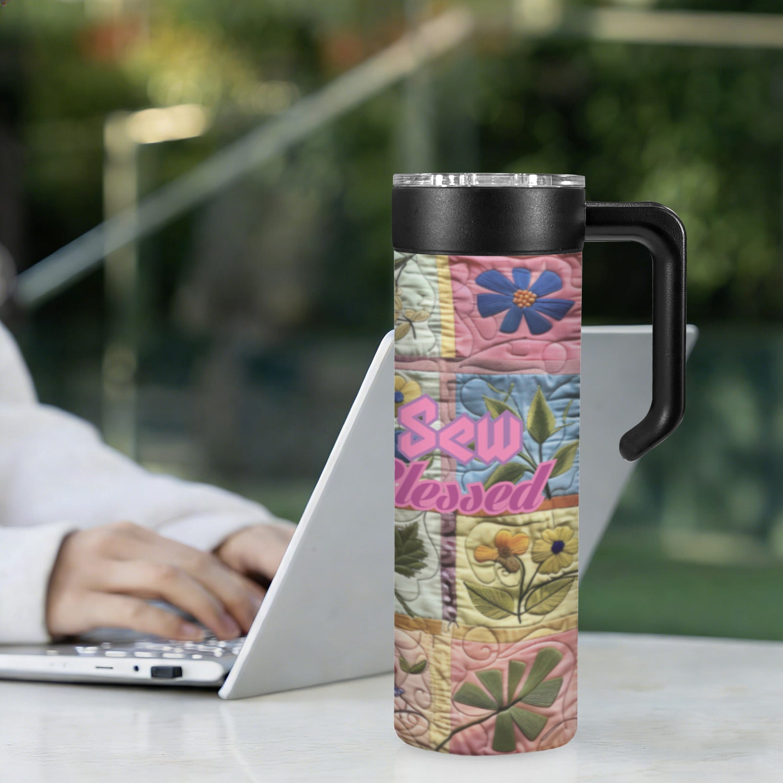 Sew Blessed Quilted Design 20 oz Insulated Water Bottle with Handle | Ships from USA