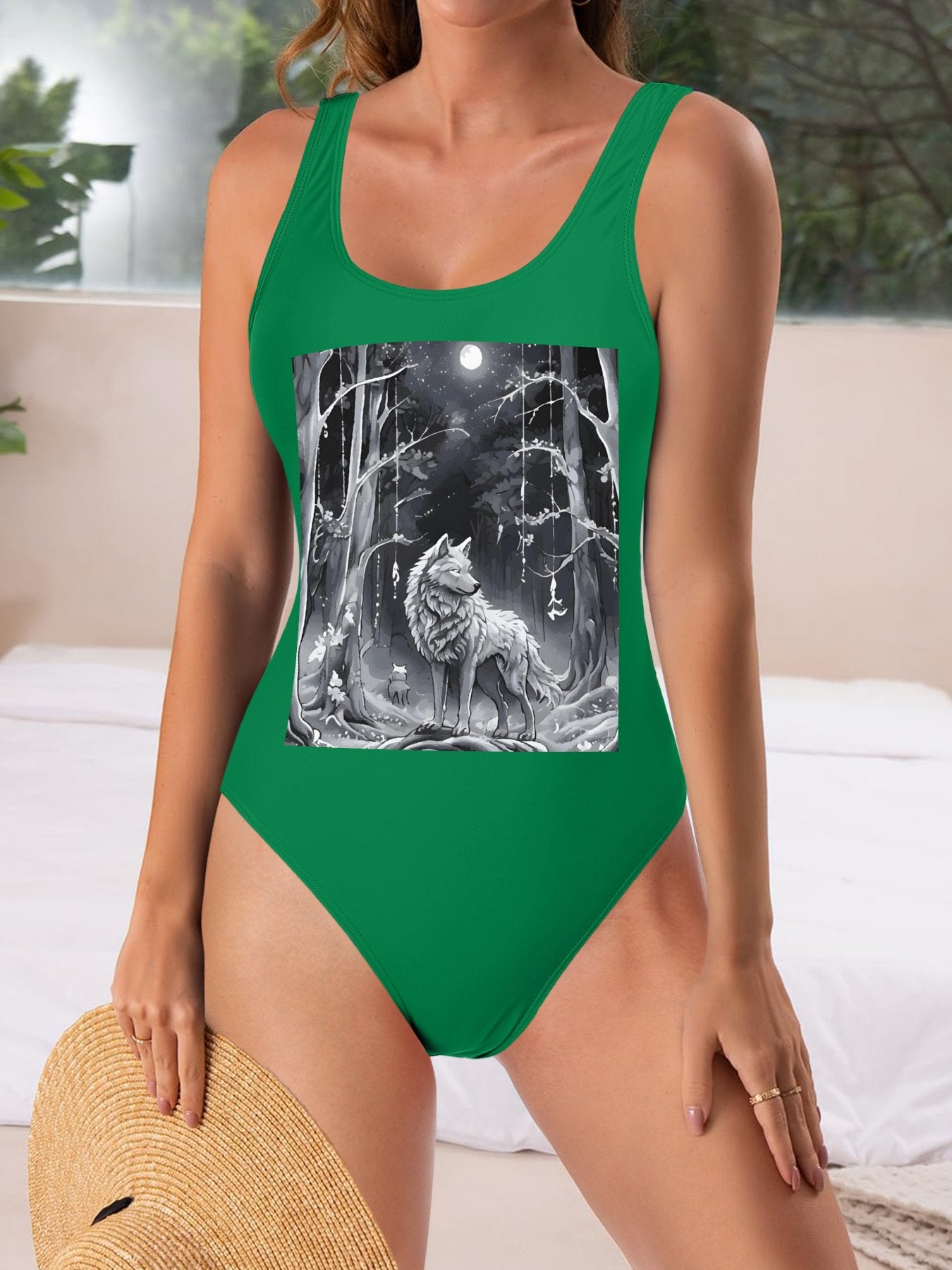 Ethereal Wolf in the Moonlight One-piece Swimsuit Bikini (Front Printing)