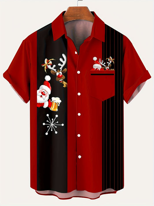 Men's Christmas Short-Sleeve Button-Up Shirt with Snowman & Santa Print