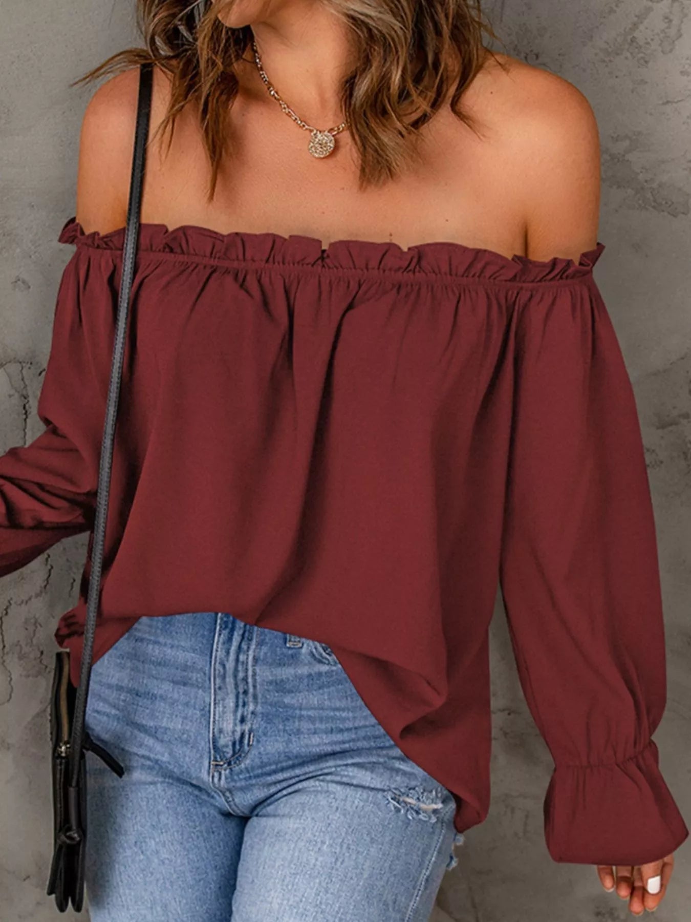 Full Size Off-Shoulder Ruffle Long Sleeve Blouse Plus Size