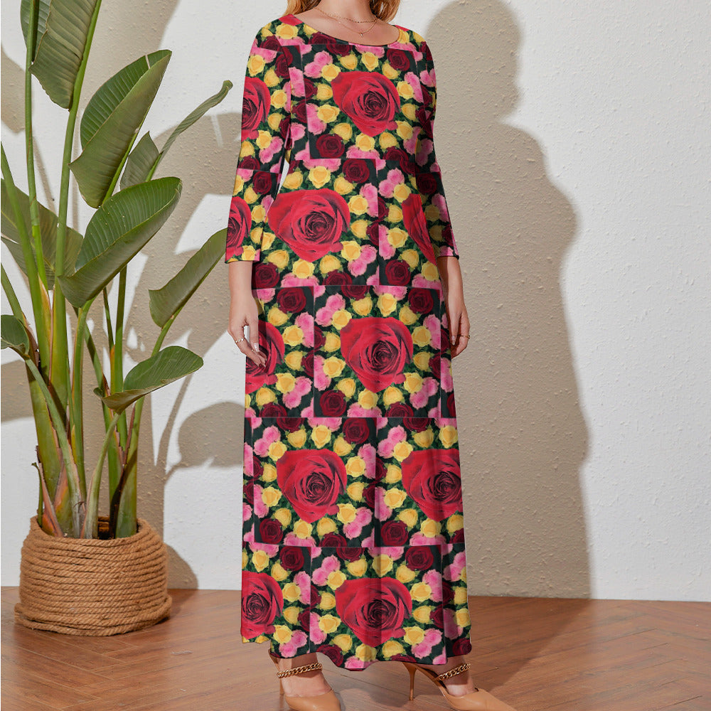 Red Rose Garden Plus Size Long Sleeve Maxi Dress