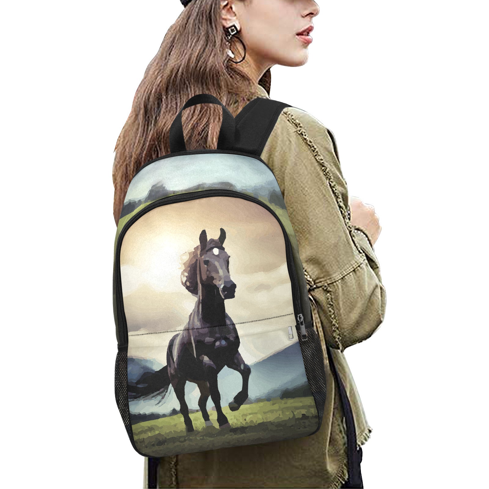 Wild Black Horse Backpack with Side Mesh Pockets