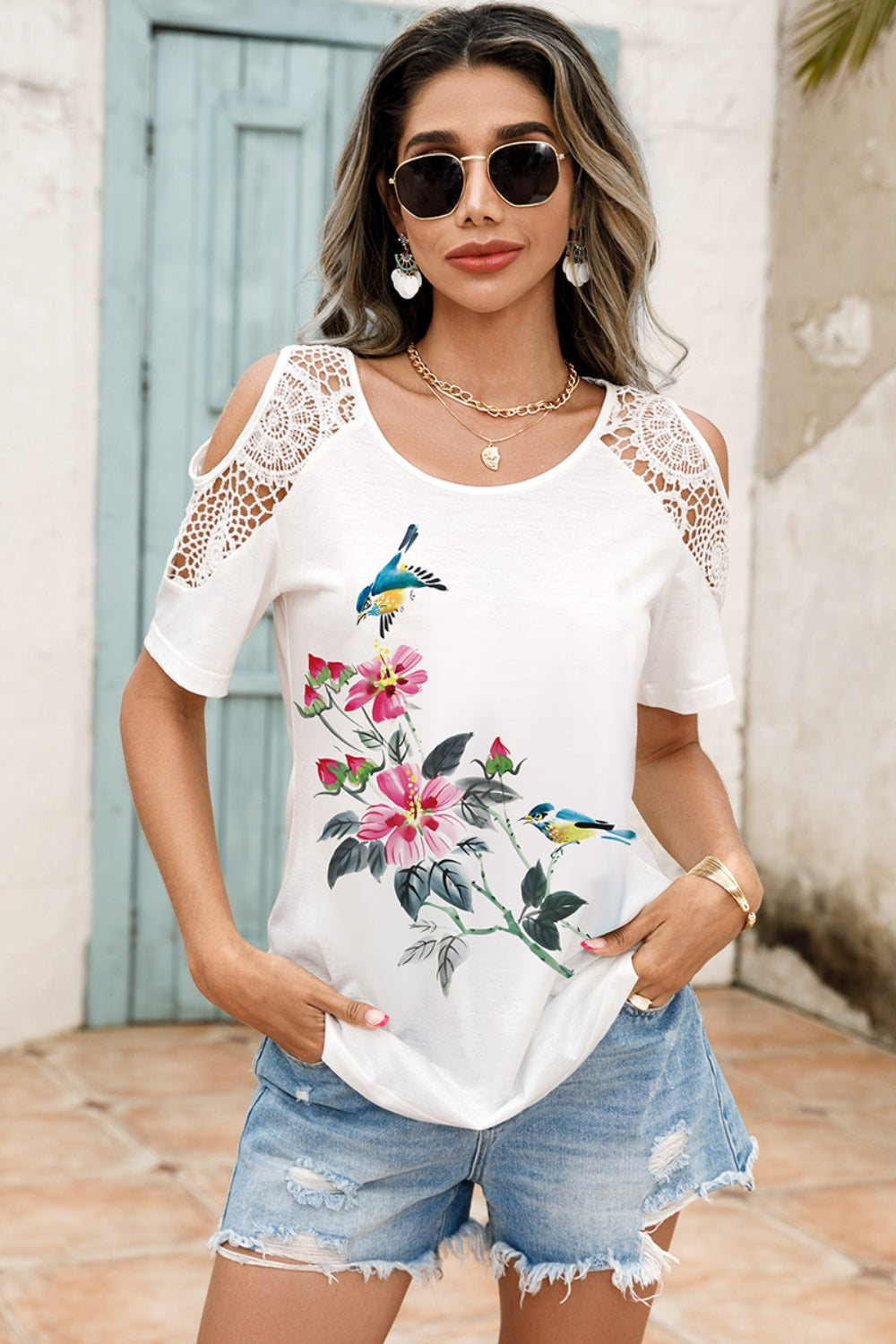 Women's Lace Detail Cold Shoulder Printed White Blouse