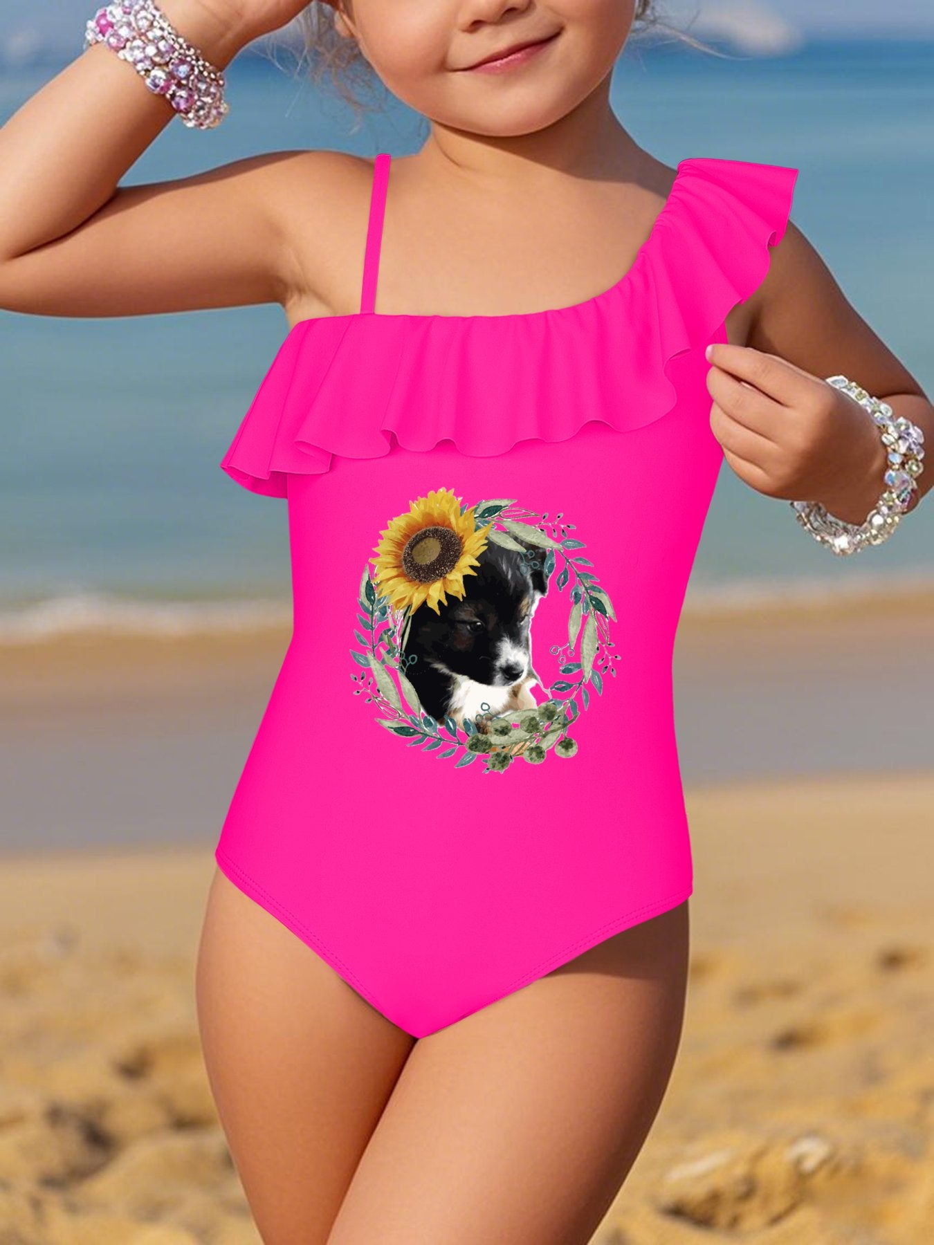Cute Black Puppy Girls' Ruffled One-Piece Swimsuit (Front Printing)