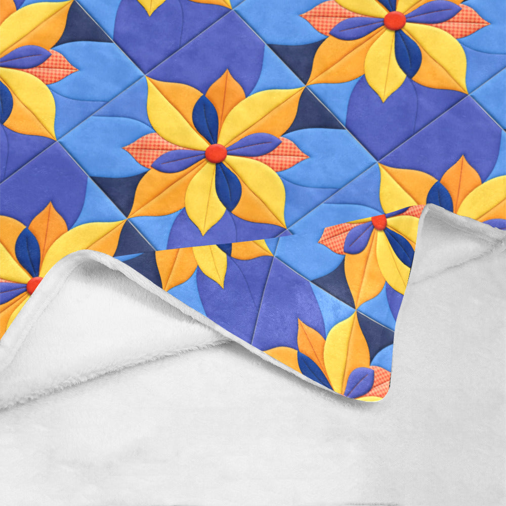 Orange Pinwheels on Blue Faux Quilt Ultra-Soft Micro Fleece Blanket (Made in USA)