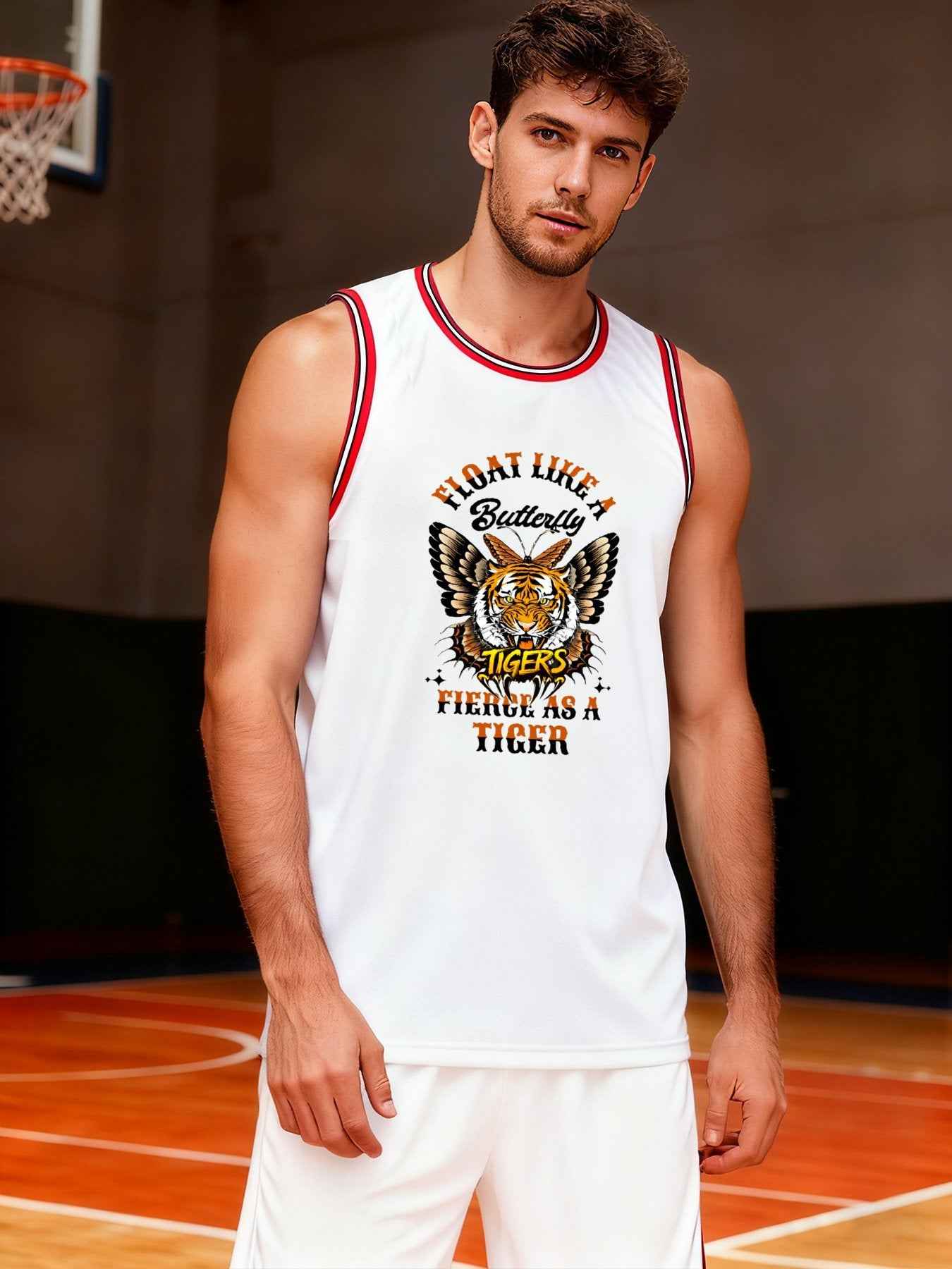Float Like a Butterfly Fierce Tiger Adult White with Red Trim Basketball Jersey | Ships From USA