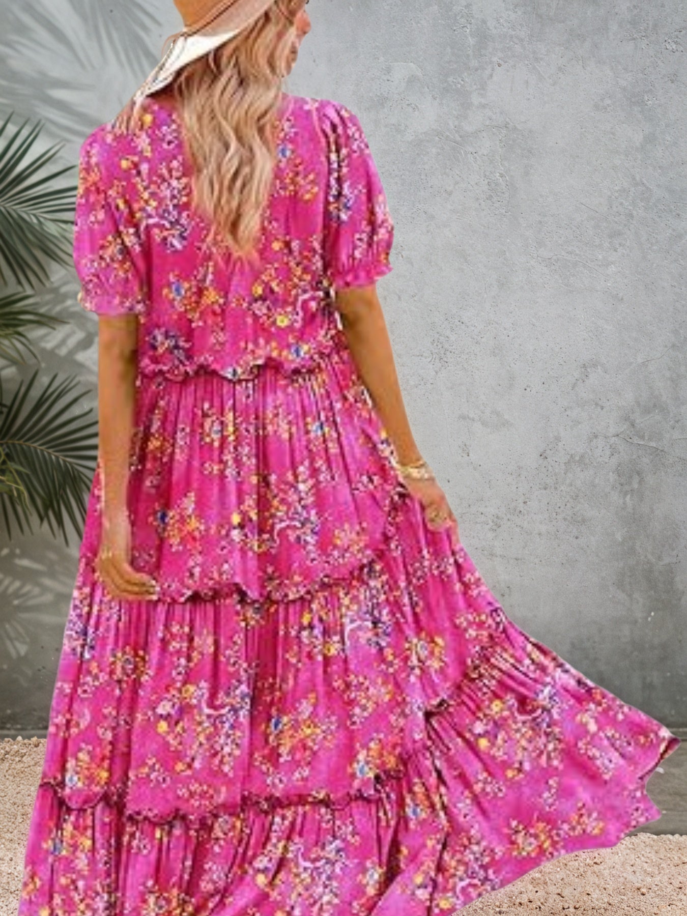 Women’s Pink Floral Summer Bohemian Short Sleeve Maxi Dress with Pockets