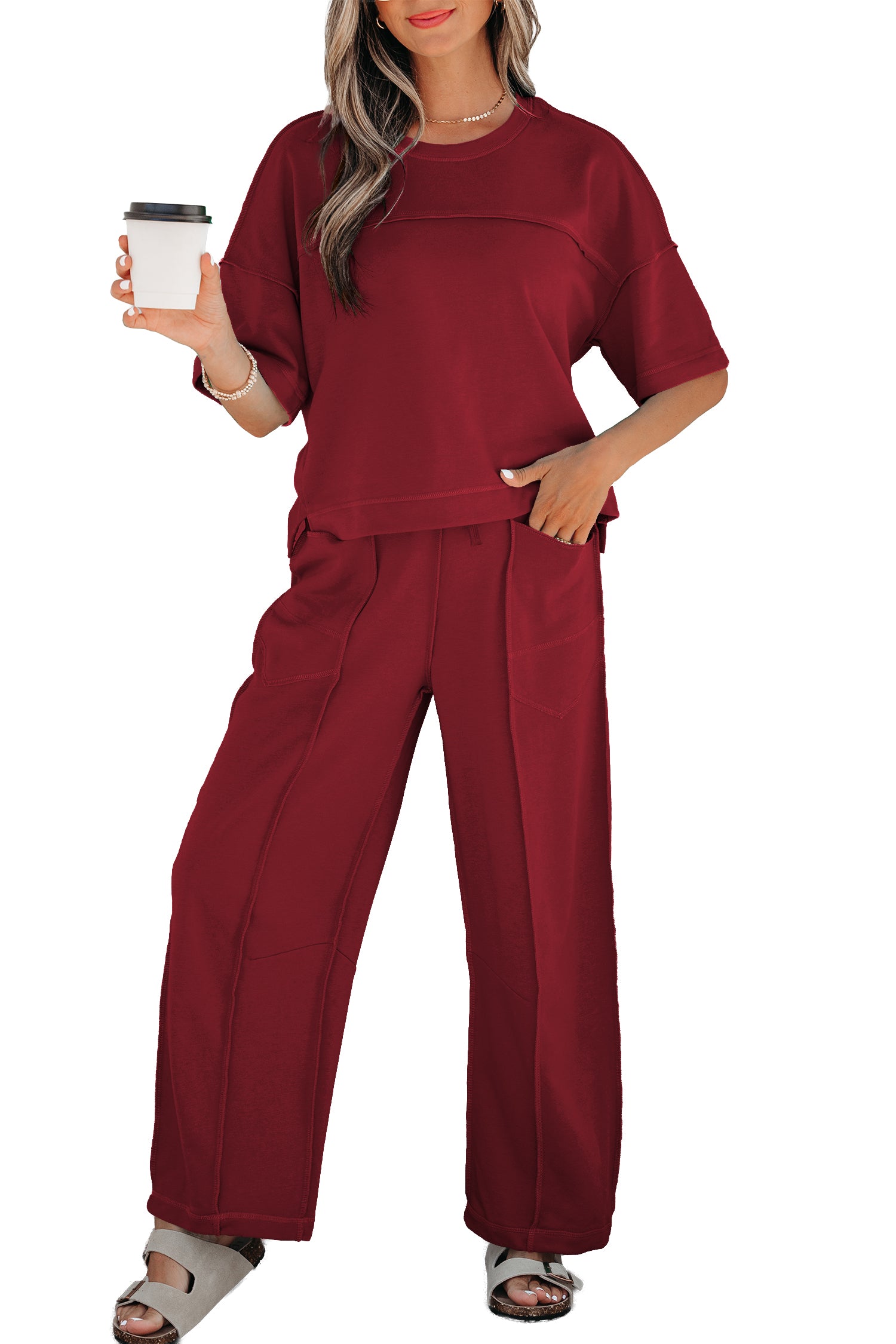 Rose Red Drop Shoulder Boxy Tee and Barrel Pants Set
