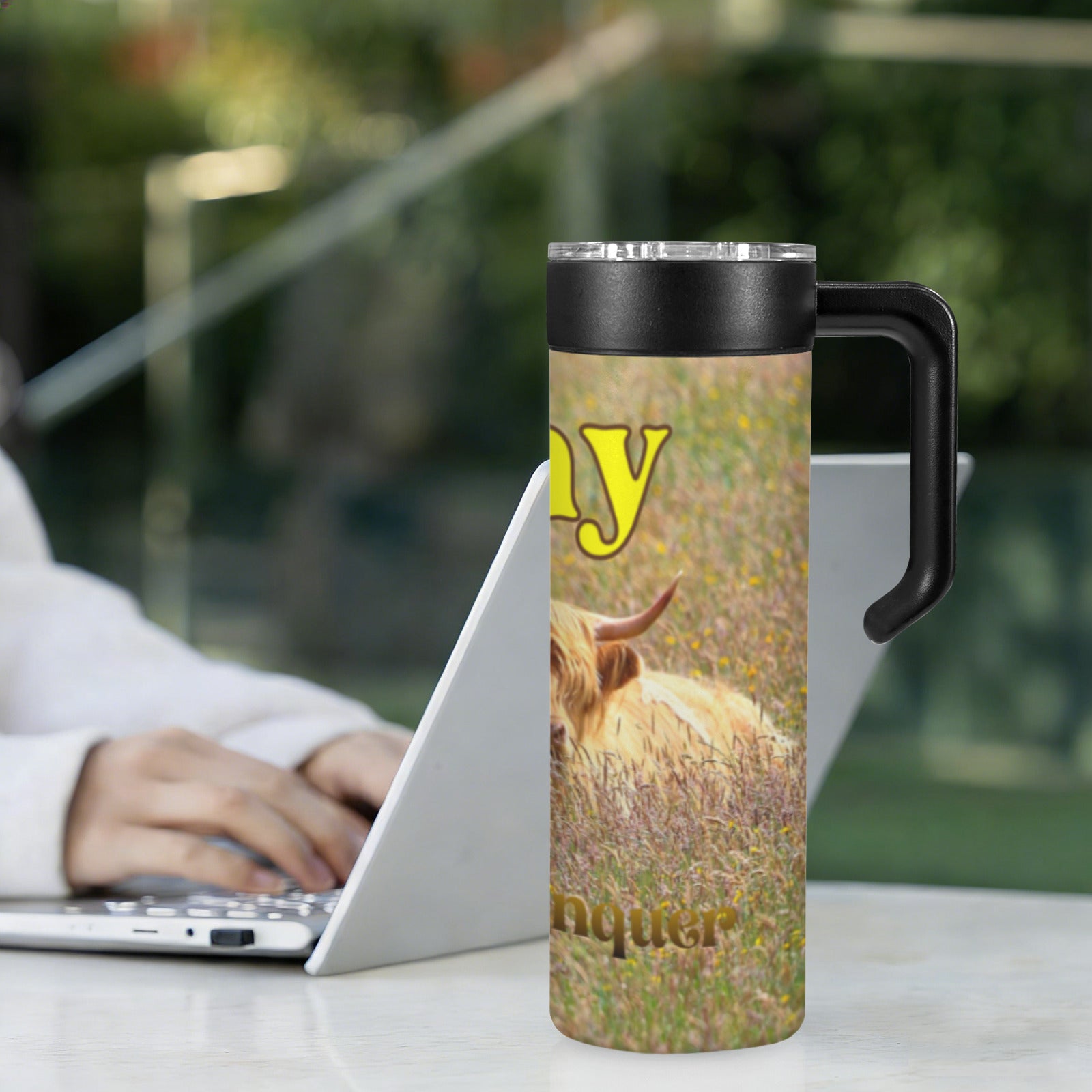 Today is Yours to Conquer Highland Cows 20oz Insulated Water Bottle with Screw On Handle