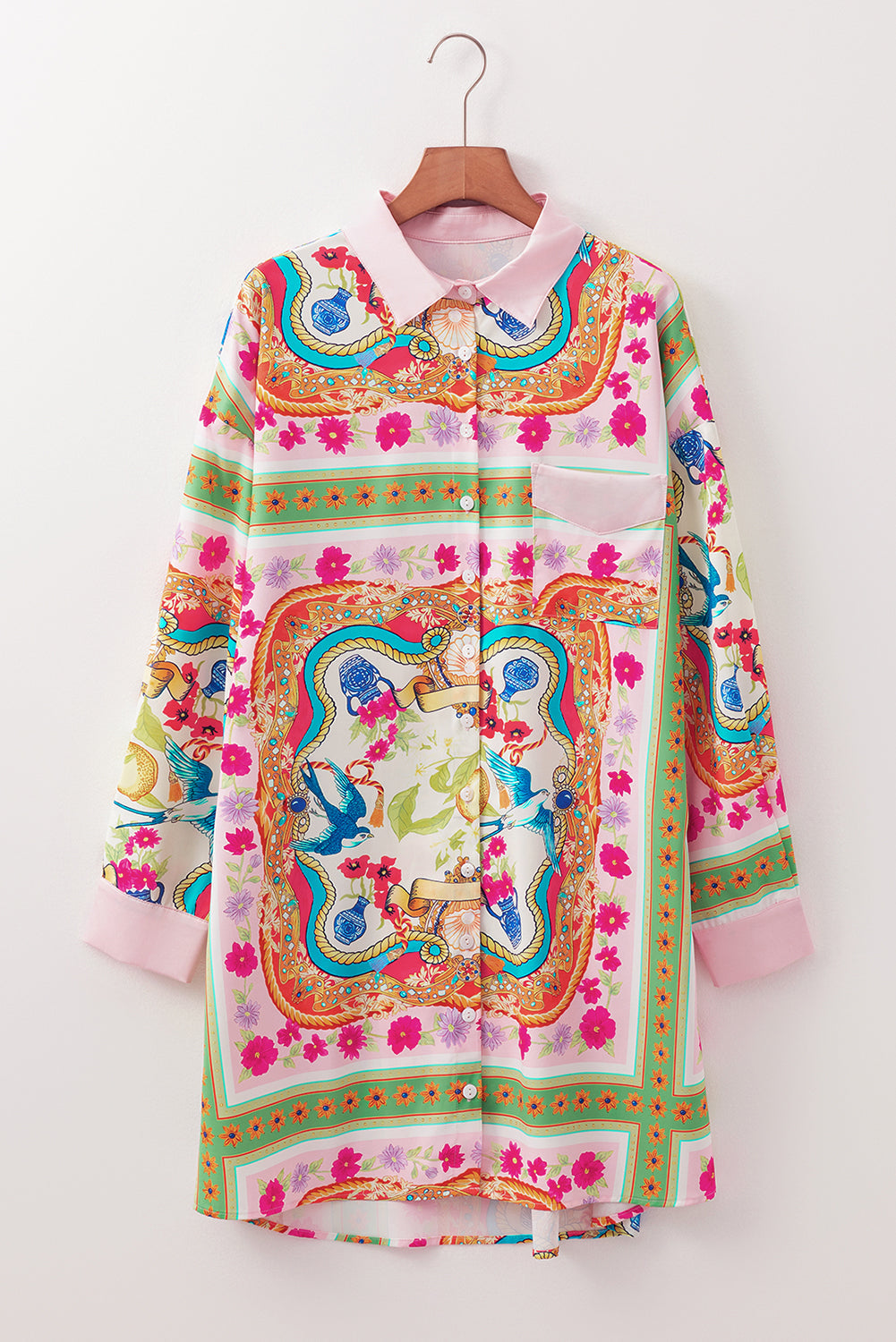 Boho Floral Buttoned Long Sleeve Shirt Dress