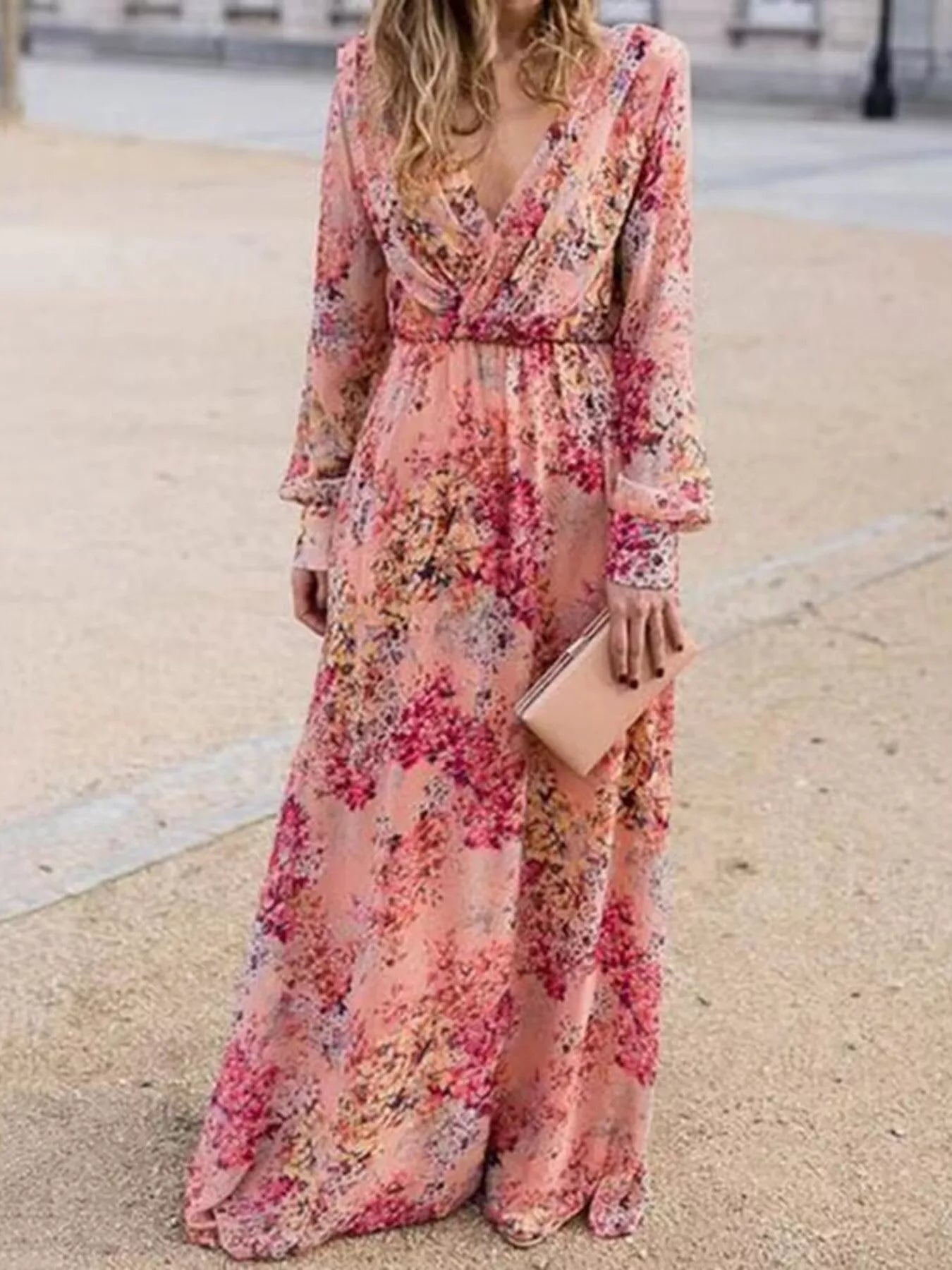 Women's Plus Size Pink Floral Print Long Sleeve Maxi Dress Pink / 3XL