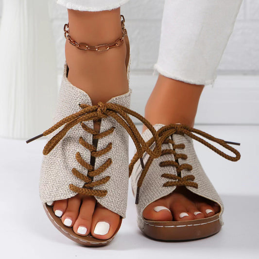 Women's Beige Lace-Up Open Toe Wedge Sandals